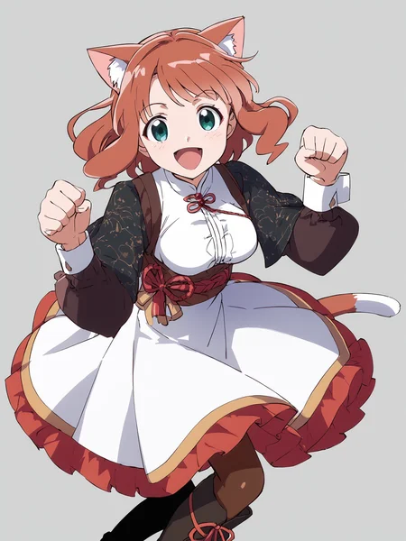 woman, 20 y/o, 20 year old, 20 year old woman, score_7_up, score_8_up, score_9, BREAK masterpiece, high quality, 1girl, <lora:Nefertima_PonyXLv3-000007:0.9>, nefertima-nema, dress, medium breasts, simple background, cat ears, cat tail, paw pose, boots, big smile, adult