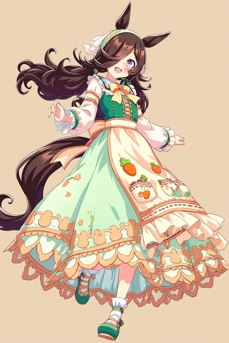 masterpiece,best quality,very aesthetic,absurdres,highres,newest,official art,official style,
1girl,solo,
rcs ydf,rice shower (umamusume),rice shower (yummy dreamy fairy) (umamusume),
alternate costume,alternate hairstyle,animal ears,apron,blush,brown hair,dress,green dress,
hair ornament,hair over one eye,horse ears,horse girl,horse tail,long hair,long sleeves,
low twintails,official alternate costume,official alternate hairstyle,print dress,tail,
twintails,violet eyes,
standing,full body,
<lora:umamusume_rice_shower2_ill_v1.0:1>,