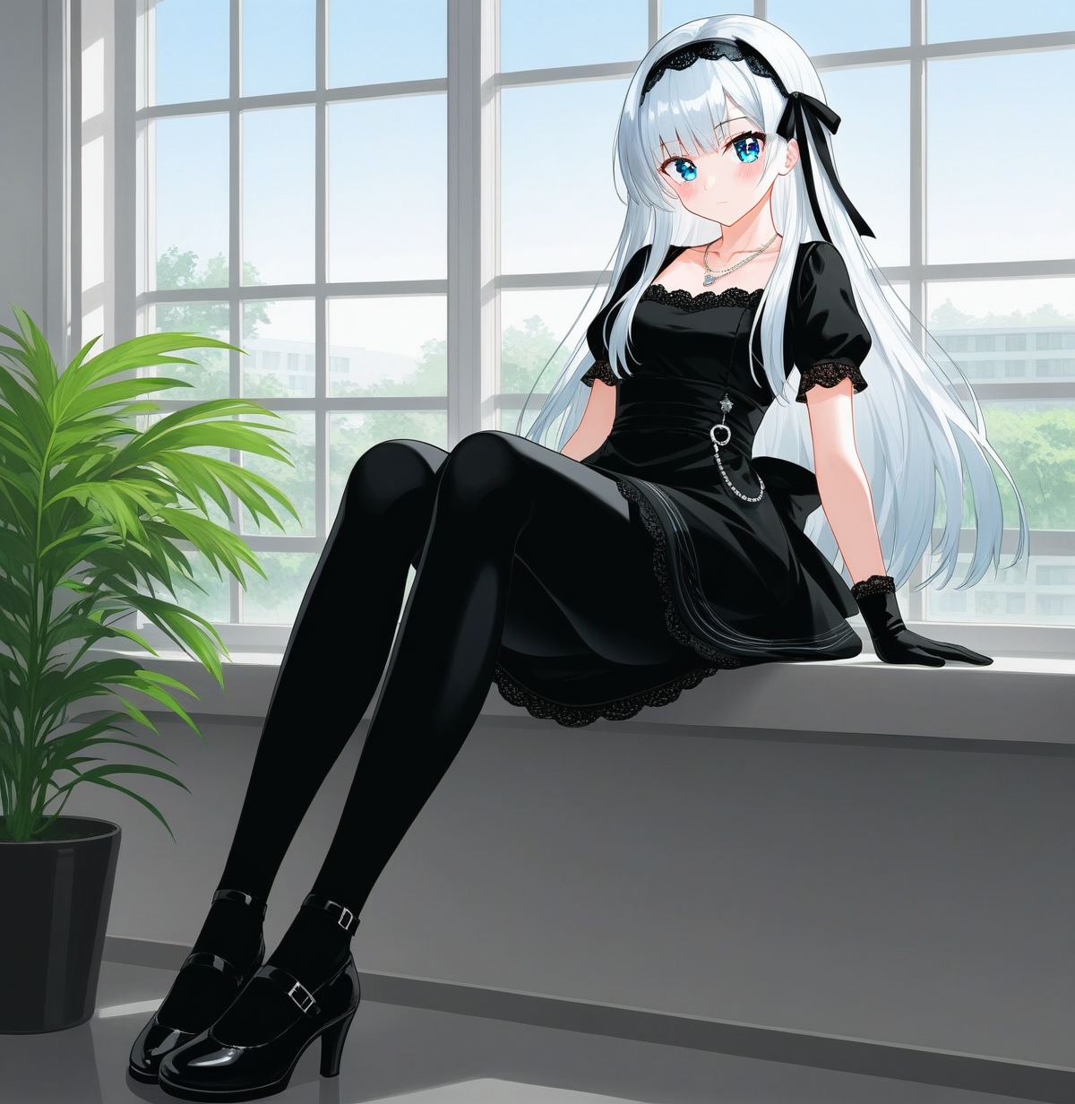 1girl,  bangs, black_dress, black_footwear, black_gloves, blush, collarbone, dress, gloves, hair_ribbon, hairband, indoors, jewelry, long_hair, necklace, plant, ribbon, shoes, short_sleeves, signature, sitting, solo, window, ((dark black pantyhose)), silver hair, blue eyes, opaque pantyhose