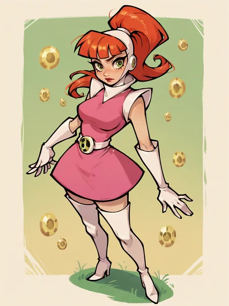 score_9, score_8_up, score_7_up, score_6_up, score_5_up, <lora:AtomicBettyXLP:1> atomic betty, 1girl, gloves, solo, green eyes, thigh boots, ponytail, elbow gloves, dress, curvy,