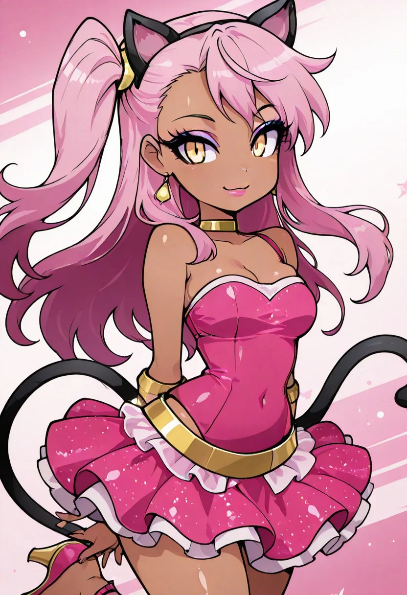 masterpiece, best quality, solo, curvy, beautiful eyes, narrow waist, wide hips, 1girl, solo, smile, looking at viewer, foreshortening, close up, anime screenshot, zzKuro, yellow eyes, pink hair, long hair, one side up, dark skin,, cat ears, cat tail, makeup, sleeveless, pink skirt, idol, jewelry, eyeshadow, high heels, lipstick, C0utur3Cr4z3, hands behind back, chest forward, cowboy shot, smile, looking at viewer,