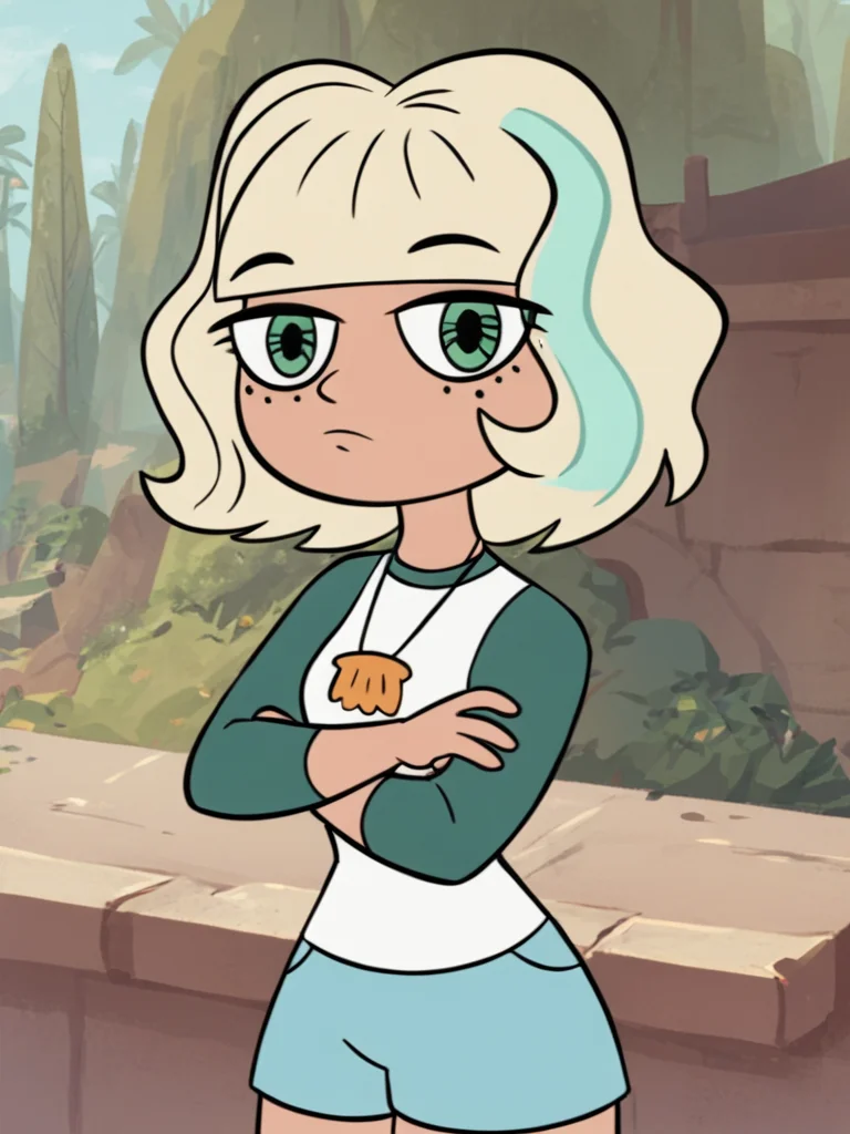 <lora:JackieLPony1.0:0.8> jackiel, blonde hair, 1girl, green eyes, solo, multicolored hair, short hair, shirt, shell necklace, bangs, crossed arms, long sleeves, blue shorts,looking at viewer,standing,,outdoors,cowboy shot, score_9, score_8_up, score_7_up, score_6_up