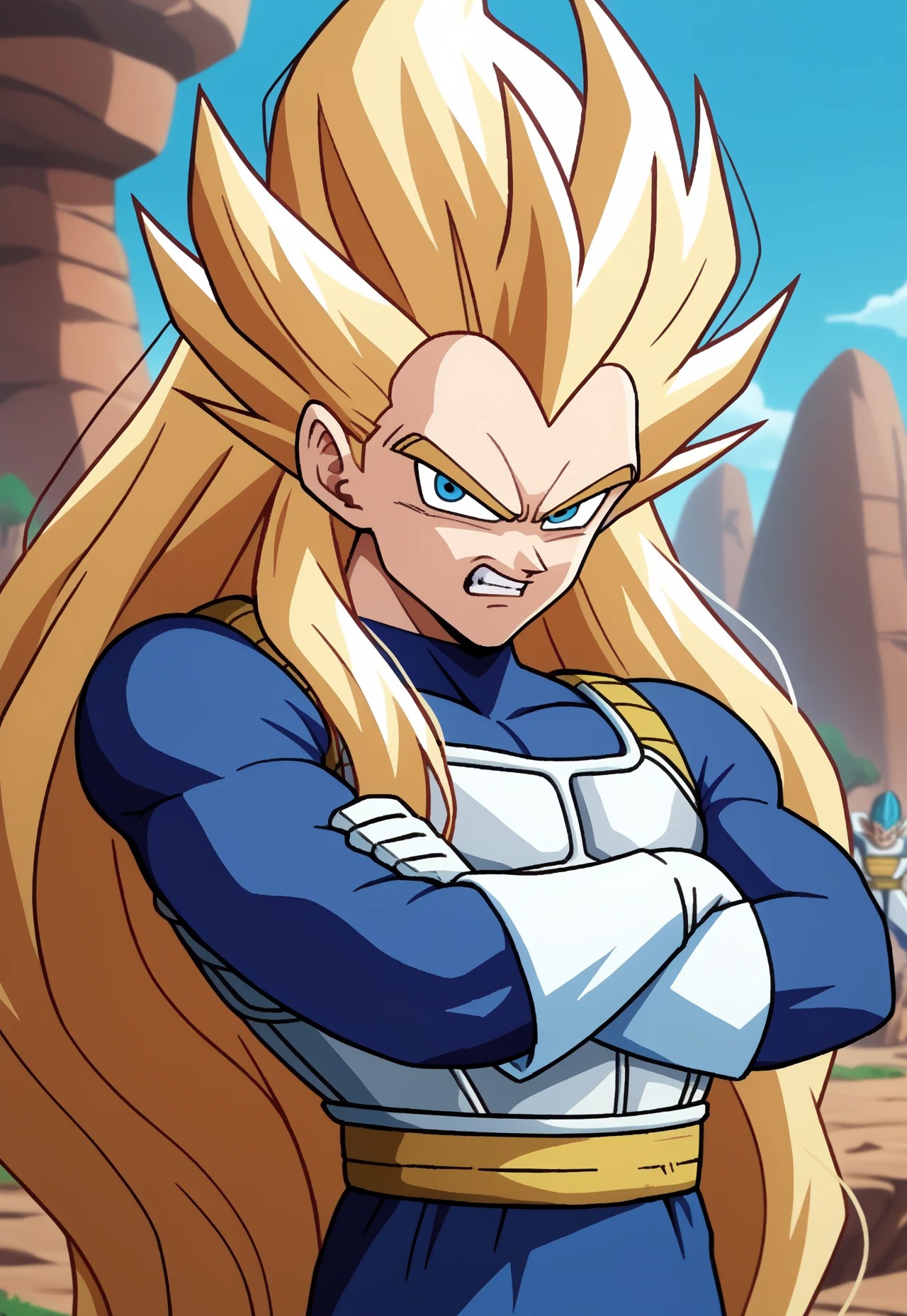 score_9, score_8_up, score_7_up, score_6_up, source_anime, 1boy, vegeta, white gloves, saiyan armor, blue bodysuit, plate shielding, upper body, crossed arms, looking at viewer, outdoors, long hair, (blonde hair, very long hair), Dragon Ball Z, angry, teeth, best quality, detailed face, detailed eyes