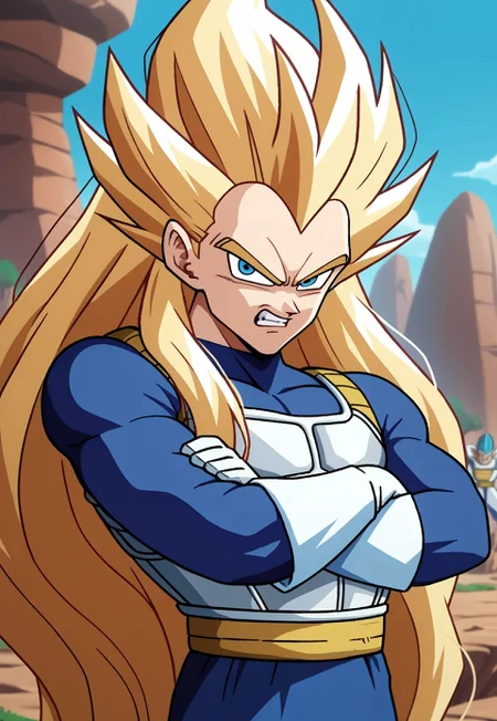 score_9, score_8_up, score_7_up, score_6_up, source_anime, 1boy, vegeta, white gloves, saiyan armor, blue bodysuit, plate shielding, upper body, crossed arms, looking at viewer, outdoors, long hair, (blonde hair, very long hair), Dragon Ball Z, angry, teeth, best quality, detailed face, detailed eyes