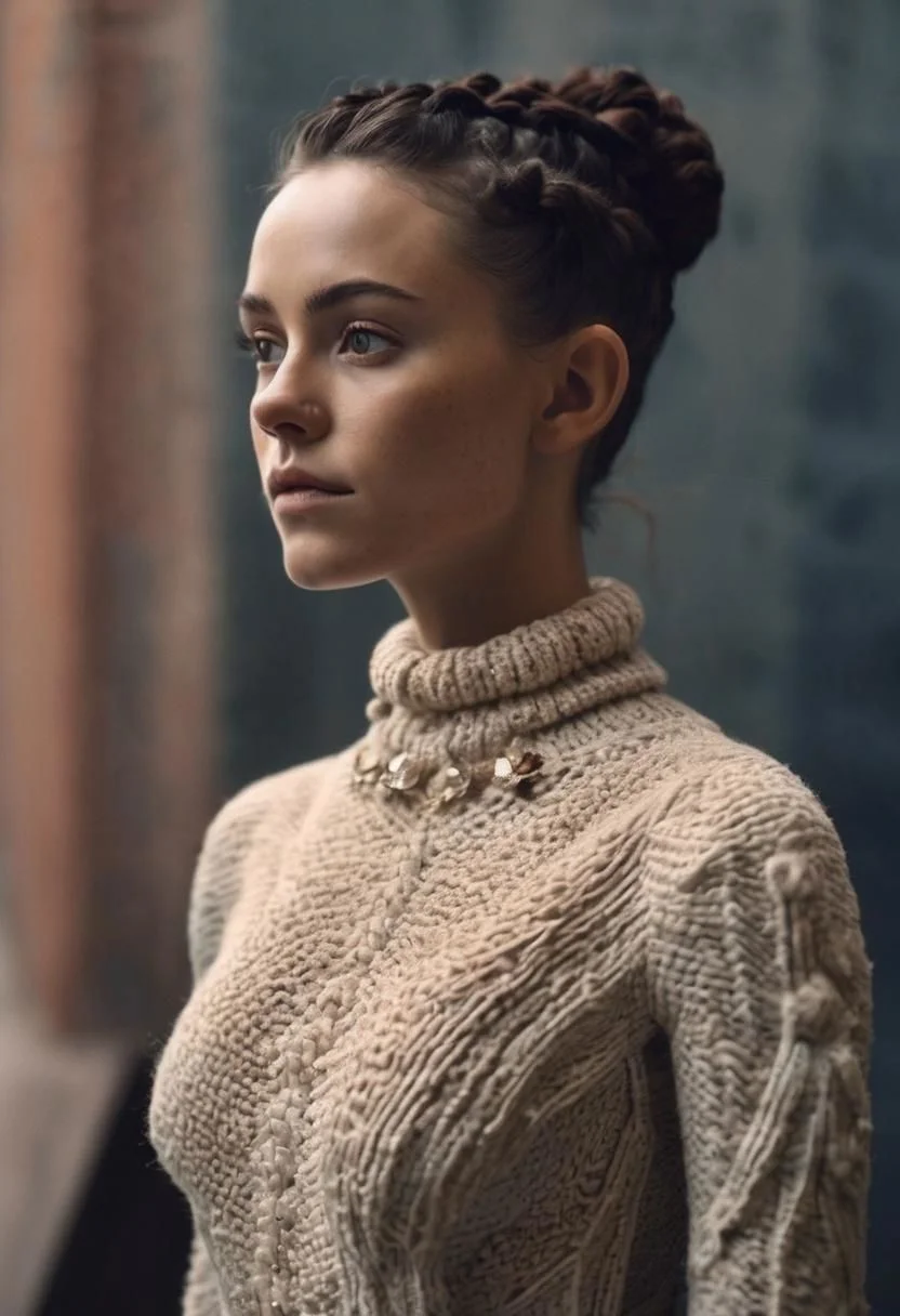 Terracotta Girl in knitted wedding dress, DARK Hairbun, Freckles, dystopian Sci-fi, as wing commander