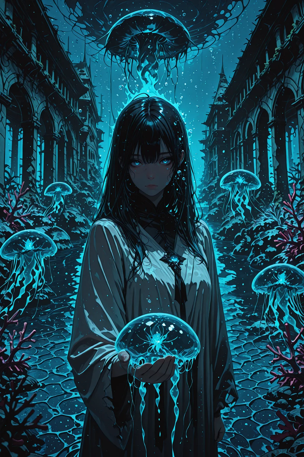 <lora:Sinozick_style:0.3> <lora:Aura_illu:0.5> <lora:Avarice_1.1:0.5> <lora:cryostyle:0.7> <lora:Underwater-Concept-Ilustrious:0.8> BREAK
lazypos, sinozick_illu, Aura_illu, cryos2, close up, face focus, underwater, depth of field, deep ocean blue, school of fishes in background, glowing jellyfish, air bubbles scattered over the background, dark blue lighting, dark coral reef reaching upward, overgrown ruined buildings of elven architecture, sunshafts, dark fantasy, turbulent swirling water, black strings attached, BREAK
child, long black hair, ocean blue eyes, looking at viewer, innocent face, white robes, standing at the sea floor, looking at viewer, (holding out hand, touching jellyfish:1.1)