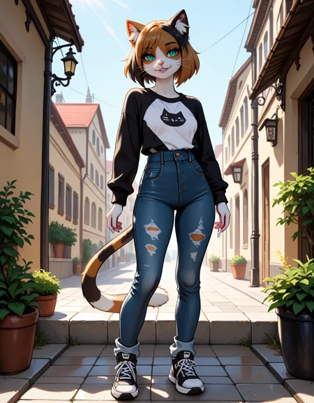 masterpiece, best quality, very aesthetic, absurdres,
outdoors, casual,
full body, standing, posing,
seductive smile, parted lips, long eyelashes,
<lora:Kawa_v01_NAIXL:1>
K4w4,1girl,solo,furry,furry female,cat girl,short hair,multicolored hair,cat ears,aqua eyes,slit pupils,snout,animal nose,whiskers,body fur,two-tone fur,cat tail,striped tail,