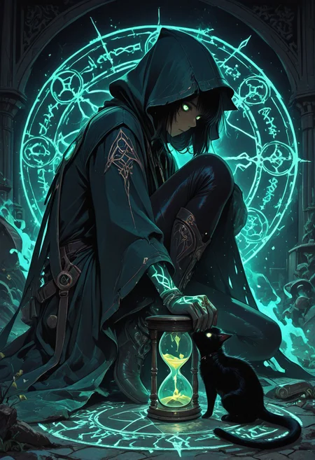 (masterpiece), (best quality), (8k), magical black cat, small cat, glowing runes on fur, oversized tattered hooded cloak, hood covering most of head, glowing yellow tired eyes, sitting on broken arcane circle, celestial magic in background, magic scrolls near tail, ancient spellbook beside paw, cosmic glyphs floating around, floating hourglass shards, magical smoke rising from body, divine aura, looks exhausted but powerful,