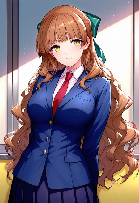 kayoBR, (absurdres, best quality, masterpiece:1.4), amazing quality, highres, newest, detailed, detailed body, detailed face, manga illustration, beautiful,
BREAK
1girl, solo, standing, smile, YuuSBR, yellow eyes, brown hair, blunt bangs, wavy hair, long hair, hair bow, green ribbon,dark blazer, blue jacket, white inner shirt, necktie, pleated skirt