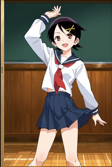 score_9, score_8_up, score_7_up, best quality, masterpiece, source_anime, anime screenshot,  BREAK,  1girl, school uniform, fuuka kakfuka, <lora:fuuka_kafukaz:1> ,in class room , Dancing, pretending to be a cute fairy,