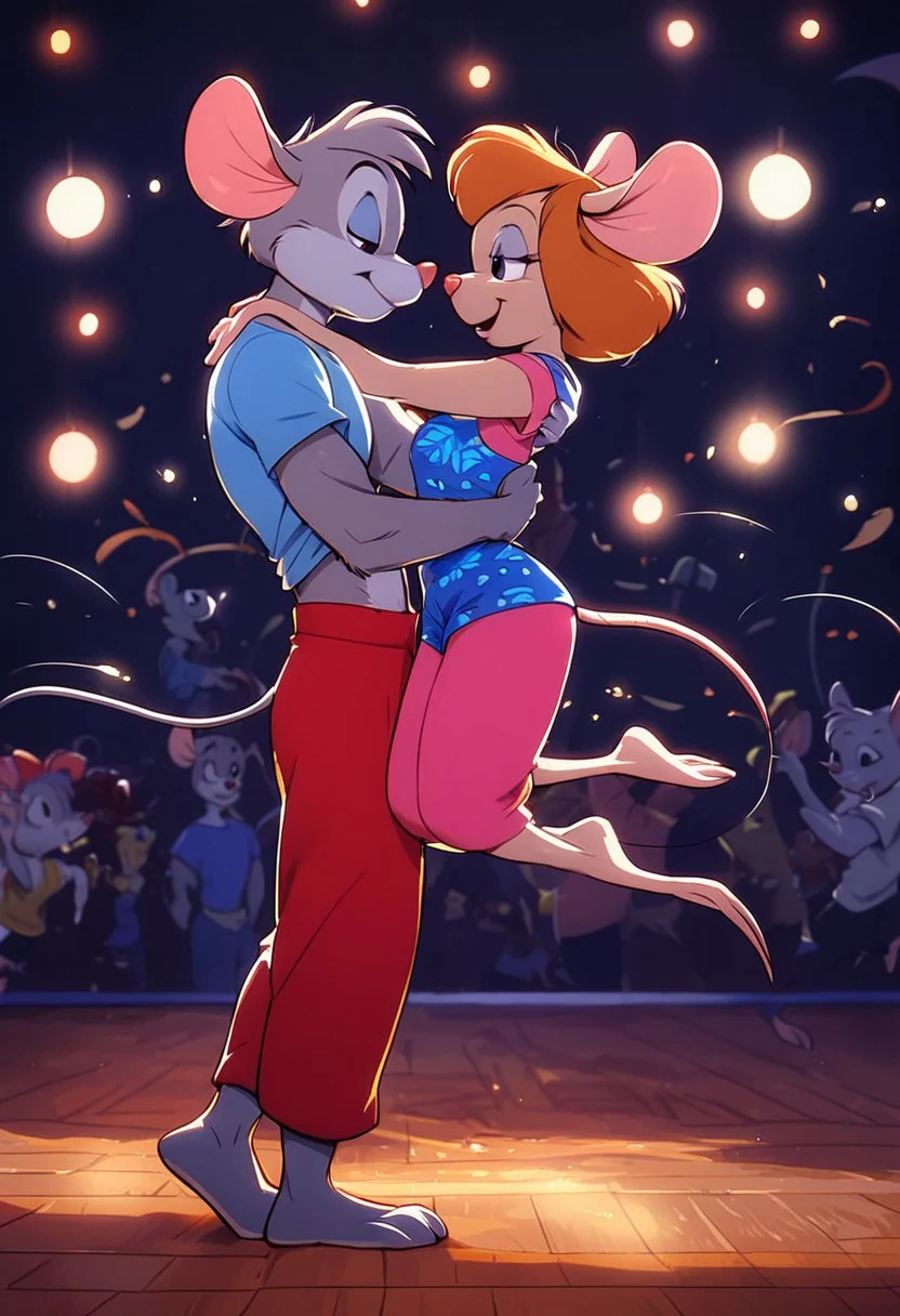 kftenhance, score_9, score_8_up, score_7_up, score_6_up, score_5_up, score_4_up
Night, Indoors, Night club, crowded, dance floor, discoball, lights
1girl, anthro mouse, gadget, medium perky breasts, short blue bra, short blue shorts, flower print, makeup, happy, 3/4 side view, barefoot, break
1boy, mouse anthro, mouse male, male Grey fur, male muscular, male short Red pants, male White t-shirt, break
Duo, 2 charachters
Male and female dancing together, hugging