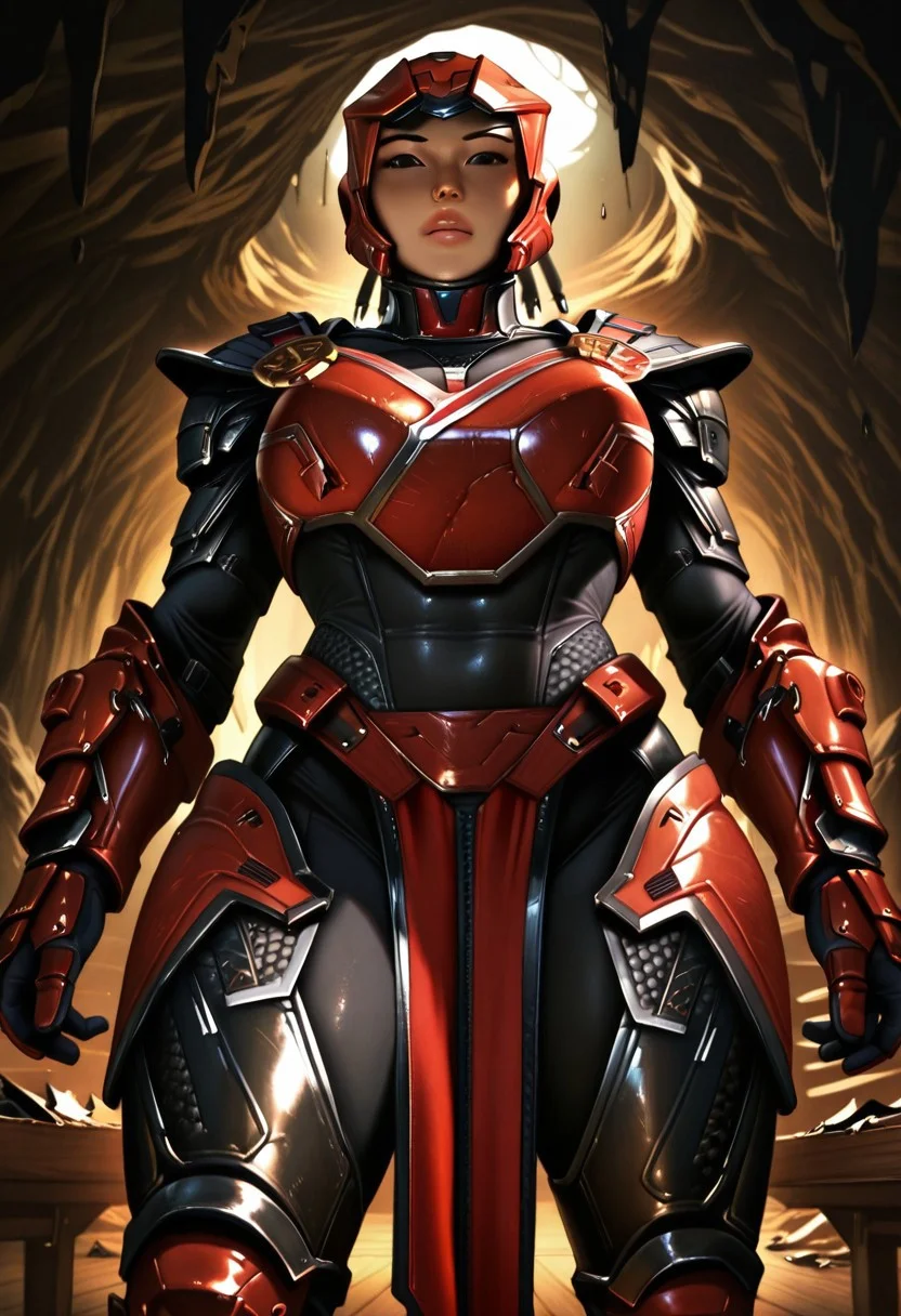 sektor, Helmet, black eyes, lips, Black bodysuit, shoulder armor, breastplate, gauntlets, gloves, leg armor, pelvic curtain, large breasts, standing, from below, close up, indoor abandoned cave, brown floor, broken chairs, black walls, tables chairs,