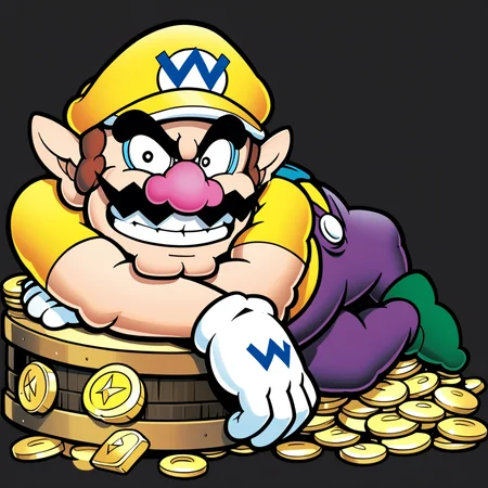 score_9, score_8_up, score_7_up, purple overalls,wario,official Nintendo artwork,rating safe,solo,looking at viewer,smile,simple background,brown hair,shirt,gloves,hat,lying on a pile of gold coins and jewels,full body,short sleeves,male focus,teeth,pointy ears,white gloves,grin,black background,mustache,overalls,yellow w cap
