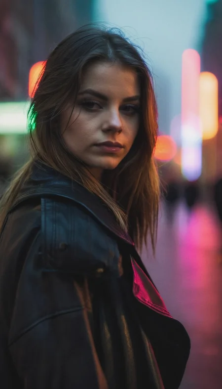 city street, neon, fog, volumetric, closeup portrait photo of young woman in dark clothes