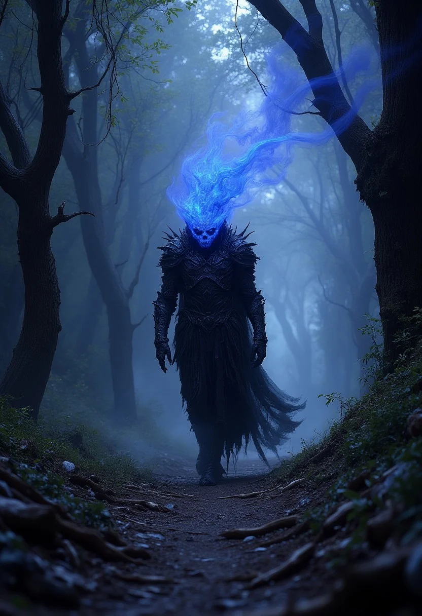 R3tun4L style, "In the heart of the Whispering Woods, a lone figure emerges from the shadows. The Demon Skull Head Knight, blue flames engulfing head, clad in tattered black armor, strides purposefully down the winding forest path. The air is heavy with an eerie, unsettling energy, as if the trees themselves are watching the knight's every move.
Mood:
Ominous and foreboding, with a sense of impending doom
The atmosphere is tense and unsettling, like the calm before a storm
Lighting:
The forest is bathed in a sickly, yellow-green glow, as if the moon is hiding behind a veil of mist Shadows dance across the trees, making it seem as though the forest itself is alive and moving
Angle Shot: The camera is positioned low to the ground, looking up at the knight as it walks towards the viewer
The shot is slightly tilted, giving the impression that the world is off-kilter and nothing is as it seems
Additional Details:
The knight's armor is adorned with twisted, organic-looking spines and horns, giving it a grotesque, otherworldly appearance. The forest floor is covered in a thick layer of mist, making it seem as though the knight is walking through a dream worldThe trees loom above, their branches twisted and gnarled, like skeletal fingers reaching out to snatch the knight"
blue and purple color palette.