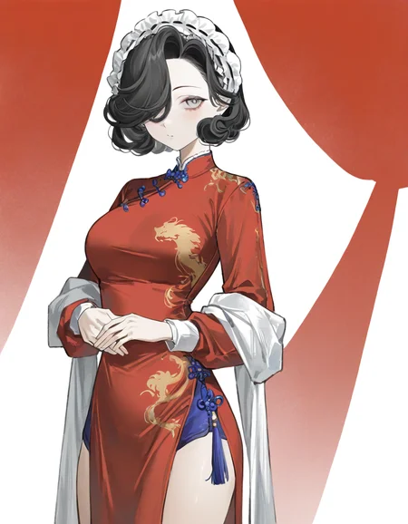 tuesday,1girl,solo,looking at viewer,simple background,white background,cowboy shot,own hands together,<lora:lanshoupa-000012:0.9>,alternate costume,red china_dress,pelvic_curtain,, masterpiece, best quality, very aesthetic, absurdres,newest, incredibly absurdres,
