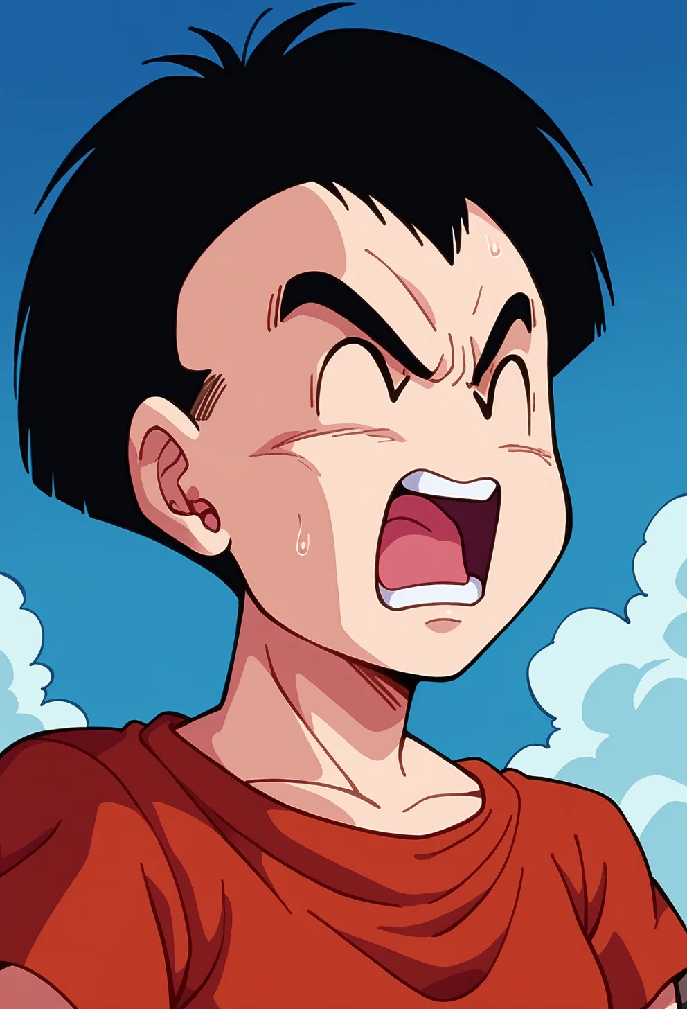 score_9,score_8_up,score_7_up,score_6_up, BREAK retro artstyle, kuririn,medium hair,upper body,portrait, (open mouth:1.3), closed eyes, frown, red t-shirt, pain,scared, (from side:0.6),shrugging, no nose, no sclera,short sleeves,blue sky,cloud,black hair, facing viewer, <lora:KrillinPony:1>