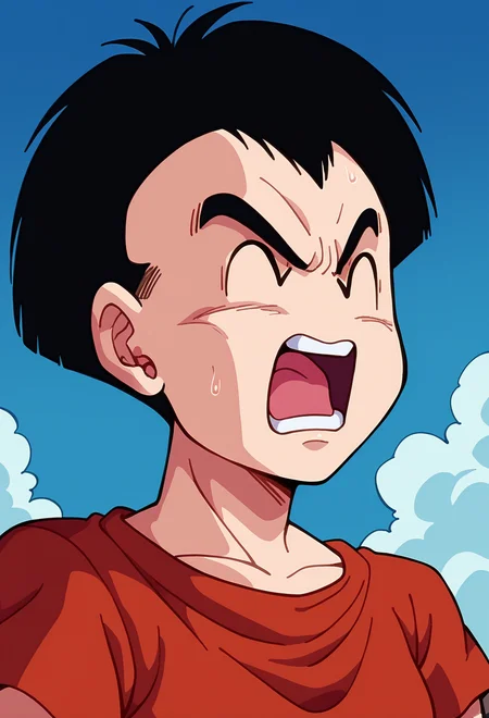 score_9,score_8_up,score_7_up,score_6_up, BREAK retro artstyle, kuririn,medium hair,upper body,portrait, (open mouth:1.3), closed eyes, frown, red t-shirt, pain,scared, (from side:0.6),shrugging, no nose, no sclera,short sleeves,blue sky,cloud,black hair, facing viewer, <lora:KrillinPony:1>