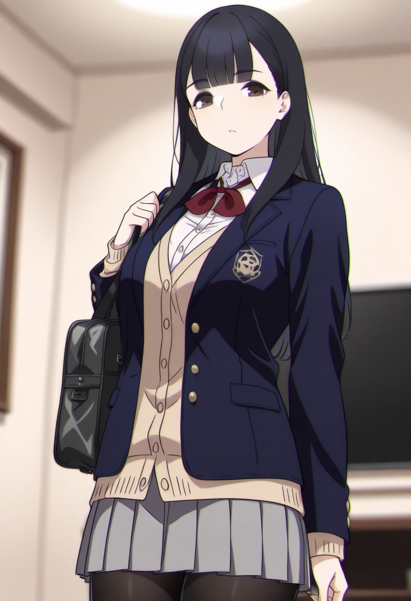 incredibly absurdres,masterpiece,absurdres,high quality,volumetric light,(very aesthetic),1girl,black hair,long hair,bangs,black eyes, solo,school uniform, brown eyes, looking at viewer, jacket, blazer, bag, bow,shirt, white shirt, red bow,grey skirt,pantyhose,black pantyhose,skirt, pleated skirt,under light,posing,sexy,indoors,living room,blurry, blurry background,cowboy shot, dutch angle