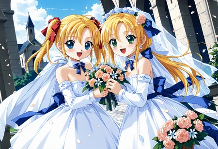 score_9, score_8_up, score_7_up, source_anime,
2girls,
outdoors, (church, white church, roof, sky, day:1.1), white petals, huge bell, mountainous horizon
ADDBASE
2girls, fifthrina, blue eyes, blonde hair, long hair, twintails, ribbon, hair ribbon, red ribbon,
blush, happy tears, open mouth, looking at viewer,
wedding dress, white dress, frills, bridal veil, bare shoulders,
holding, flower wrapper, bouquet
ADDCOL
2girls, fifthena, green eyes, blonde hair, long hair, ponytail, sidelocks, ribbon, hair ribbon, blue ribbon,
blush, happy tears, looking at viewer,
wedding dress, white dress, frills, bridal veil, bare shoulders,
holding, flower wrapper, bouquet
<lora:FifthTwin_sdxl-pony-v010:0.9>