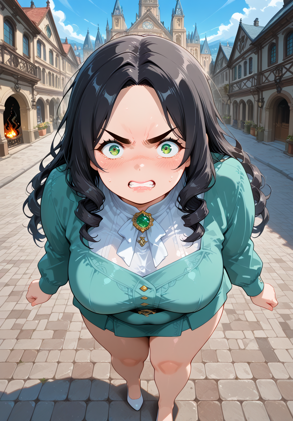 IllusP0s, PonyScores7, source_anime, ah1, IllustriousQual, interesting, exciting, spectacular, wonderful, amazing quality, absolutely eye-catching,
BREAK <lora:xl_more_art-full_v1:0.2>, <lora:aesthetic_anime_v1s:0.2>, <lora:detailxl:0.2>, detailxl, amazing quality, best aesthetic, absurdres, illustration, Volumetric_Lighting, ultra-detailed, very aesthetic, intricate details, best_quality, lazympos, <lora:Add_Details_v1.2:0.4>, <lora:quality_modifiers_masterpieces_v1:0.2>, anime style, <lora:HDA_Detailer:0.3>, <lora:natsumi_style:0.2>, <lora:by_usakun-pony:0.2>, by usakun, <lora:Akina_Bbw_Style_-_PonyXL:0.2>, AkinBw,
BREAK (((A torrent of black flames erupts from fingertips))), dynamic pose, foreshortening, extreme perspective,
BREAK 1girl, mature female, (curvy), round-chin, caucasian, <lora:ETO_OC_Illustrius:0.5>, eto_oc, skindentation, (plump), thick thighs, wide hips, busty, voluptuous, round ass, large breasts, <lora:plussizegirls_IL:0.3>, <lora:plussizegirls_pony:0.3>, <lora:shinyskin2:0.2>, glistening skin, HDA_FatGirlXL, <lora:perfection style:0.2>, perfection style, perfection, 
BREAK ((soft mint green dress paired with white flats)),
BREAK (curly hair), long hair, (black hair:1.4), (parted hair:1.7), messy hair, kinky curls, detailed hair, <lora:hairdetailpxl:0.2>, hairdetailpxl,
BREAK (half green and brown eyes), (colorful eyes), (multicolored eyes), (downturned eyes:1.4), expressive eyes, perfect eyes, eyes hd, detailed eyes, (round face:1.2), (thick eyebrows:1.3), (plump face), lips, <lora:Round_face:0.2>,
BREAK (((v-shaped eyebrows, wide-eyed, (disgusted:1.2), annoyed expression))), Expressive, emotional, looking at viewer, Face Detailed, <lora:Expressive_H:0.2>, Expressiveh, <lora:Emotional_Anime_Expressions_PonyXL_Concept:0.2>, emotional, <lora:Best_Facial_Expression_LoRA_PONY:0.2>, looking at viewer, <lora:Detailed expressive EXEV style -XL Pony V1.0:0.2>, FaceDetail, <lora:Best_Facial_Expression_Helper_XTREME_ILLU:0.4>, kaogei,
BREAK (((In a beautiful old town with the Florence Cathedral in the background))), (((Ground level, far from viewer))), 4k, 8k, Ultra HD, Masterpiece, Best quality, Detailed background, full_details, <lora:AddMicroDetails_Illustrious_v3:0.2>, addmicrodetails,