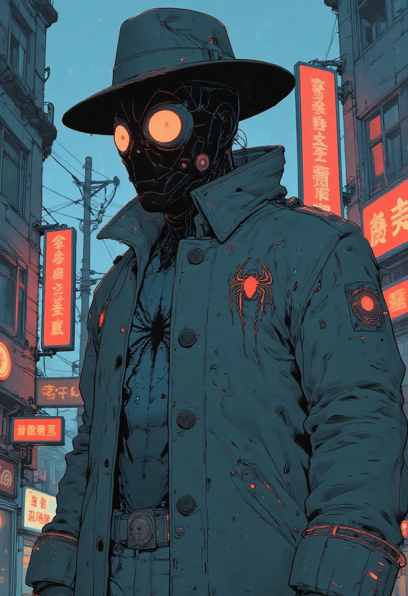 ((Artsy Illustration Style:1.3)), A hyper-realistic close-up portrait of neo-noir Spider-Man, donning an oversized long coat that flares slightly at the bottom. The coat features intricate web-like embroidery along the cuffs and hems, with a bold crimson spider emblem subtly visible on the collar. He wears a classic wide-brimmed 1950s hat, tilted forward to cast a shadow over his mask. The mask’s lenses have a mirrored finish, reflecting the neon signs of a rain-soaked, noir-inspired cityscape. Raindrops cling to the coat and hat, the dim lighting accentuating the contrast between the vintage-inspired attire and the sleek, modern spider suit beneath. His poised and enigmatic stance adds an air of mystery to the scene.