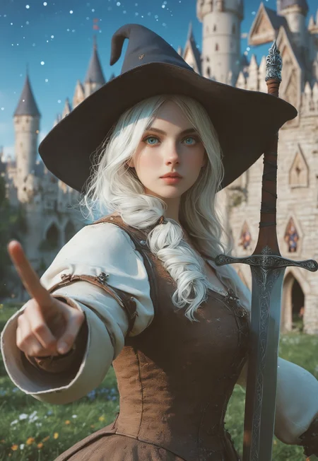 safe_pos, young woman, solo, Looking at viewer, Masterpiece a stunning female witch, ((full clothed witch outfit with armor, witch hat)), Blue eyes, long bob white hair with bangs, Dynamic action pose,
(Holding a huge sword:1.5)
Background: (Medieval castle, night sky: 1.9)
score_9, score_8_up, score_7_up, score_6_up, source_cartoon, rating_explicit, Expressiveh, (((((upper body))))), dynamic pose
<lora:Dynamic Poses:1>
<lora:detailed_notrigger:1>
(((full clothed)))