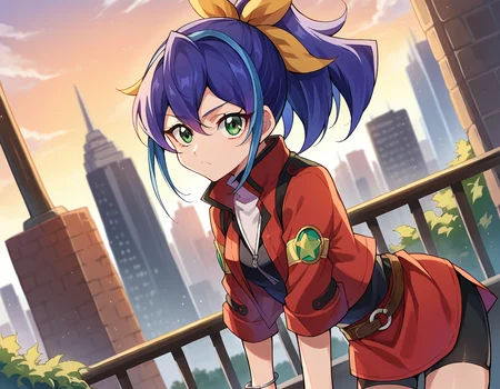 score_9, score_8_up, score_7_up, source_anime,
yugiohserena, <lora:yugioh-serena-ponyxl-lora-nochekaiser:1>,
yugioh serena, blue hair, multicolored hair, ponytail, two-tone hair, green eyes, hair bow, ribbon,
belt, bike shorts, bow, bracelet, jacket, jewelry,
outdoors, cityscape, bent over,
looking at viewer, cowboy shot, dutch angle,
