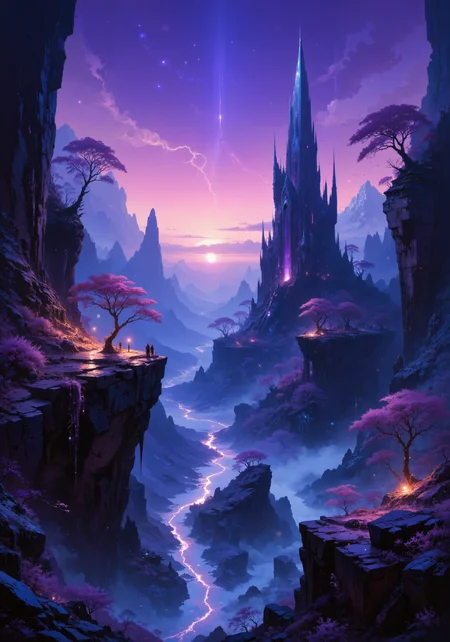 Mystical plateau bathed in twilight; ethereal digital art rendering with shimmering mist enveloping ancient stone monoliths and softly glowing bioluminescent flora. Vivid gradients of deep purples, serene blues, and gentle gold accent intricate textures of rugged escarpments and enchanted woodland groves. Ambient celestial lighting, atmospheric nebula haze, and scattered luminous orbs evoke a surreal, otherworldly dreamscape. Hyper-detailed 8k masterpiece quality digital painting that fuses natural majesty with a hint of enchanted fantasy, offering a unique blend of mysticism and radiant serenity. <lora:RM_Animefy_v1.0M:0.2> <lora:artisketchyfs-v02:0.6> <lora:artilands:0.5> <lora:FluxMythAn1meL1nes:0.4> <lora:flux_dev:1>