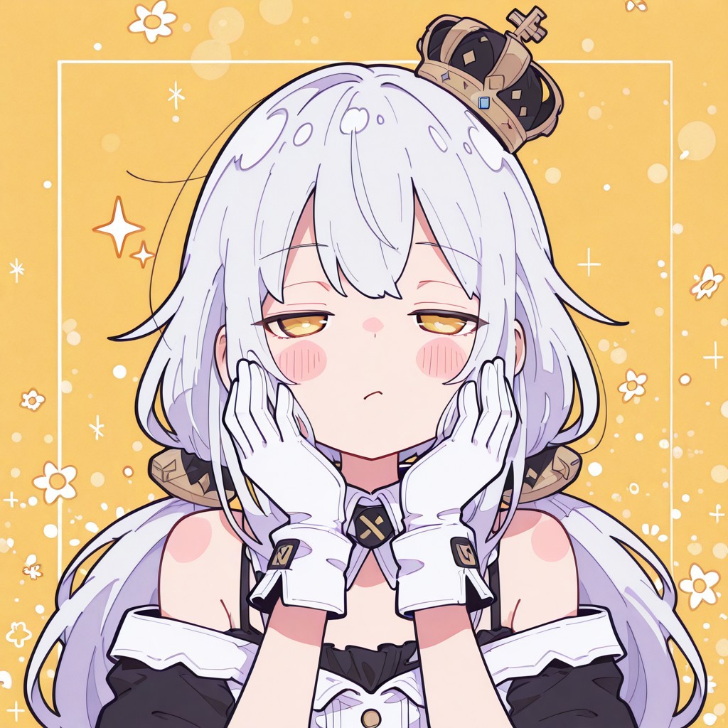 masterpiece, best quality, amazing quality, absurdres, face close up, harajuku fashion,curvy,colorful floral patterns,The background is a bright yellow,
seductive mood,The hand is positioned near the face,
flat color,
((nurzhan bekkaliyev)), fl4t, harust, Flatline, Flat vector illustration,hackadoll3, solo, male focus, white gloves, blush, closed mouth, detached collar, bare shoulders, off shoulder, half-closed eyes, looking at viewer, white dress, black shirt, white collar