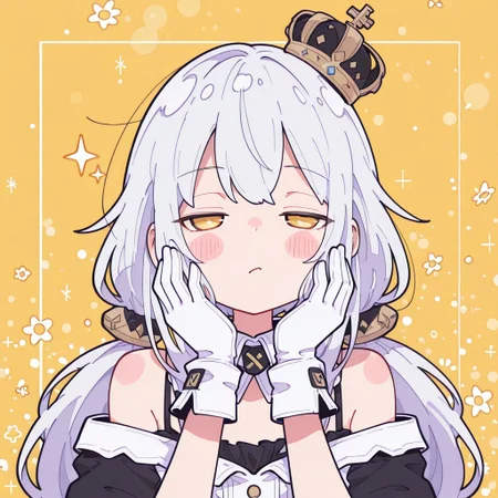 masterpiece, best quality, amazing quality, absurdres, face close up, harajuku fashion,curvy,colorful floral patterns,The background is a bright yellow,
seductive mood,The hand is positioned near the face,
flat color,
((nurzhan bekkaliyev)), fl4t, harust, Flatline, Flat vector illustration,hackadoll3, solo, male focus, white gloves, blush, closed mouth, detached collar, bare shoulders, off shoulder, half-closed eyes, looking at viewer, white dress, black shirt, white collar