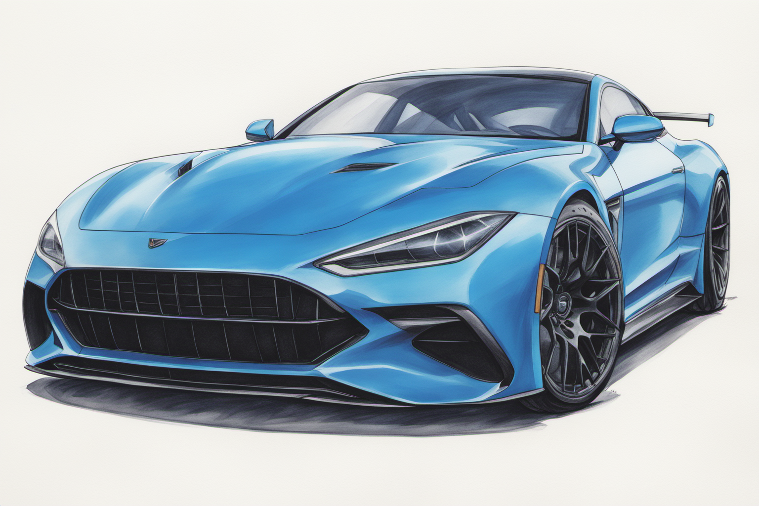 colored marker rendering of a sports car, concept art, sporty, fast, high performance, ((symmetric-design)), crisp lines, sketch, illustration, illustrative, marker drawing, expressive strokes, graphic, sharp, crisp, in-focus, uncropped, high-quality  <lora:MercedesAGTGTCoupe:0.9>