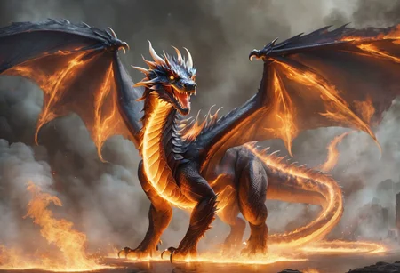 upscale, a fire dragon, body made of fire, massive gigantic fire dragon, fierce, roaring, looking at the viewer,  hyperrealistic, fantasy, flying around, angry, highly detailed body, super realistic, hi_res, absurd detailed, very detailed face, detailed wings,