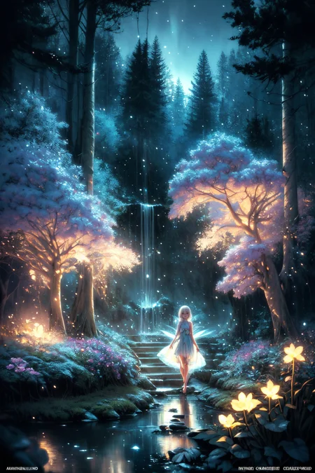 ( detailed realistic background:1),
( official art, beautiful and aesthetic:1 ),
realistic lighting,
cinematic lighting,
hyperrealism,
soothing tones,
muted colors,
high contrast,
soft light,
sharp,
artistic photoshoot,
<lora:FeyAndFairies-11:0.8>FeyFa, , forest, trees, middle, path, waterfall, through, background, stream, flowers, lights, running, in the foreground stands a fairy in front of her fairy house, light,( cute, petite ),
slender,
european,
pale cheeks,
square face shape with angular jaw,
natural "no-makeup" makeup,
big breasts,
,
platinum blonde hair ,
crown braid  ,wearing a see-through gossamer fairy short dress,
night time, darkness,<lora:more_details:0.8> ,