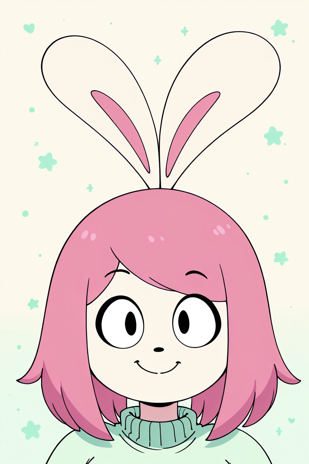 Score_9, score_8_up, score_7_up, masterpiece, best quality, newest, absurdres, highres,1girl, mintyrabbit, pink hair, animal nose, rabbit ears , black eyes, smile, upper_body,  portrait , green sweater, looking at viewer