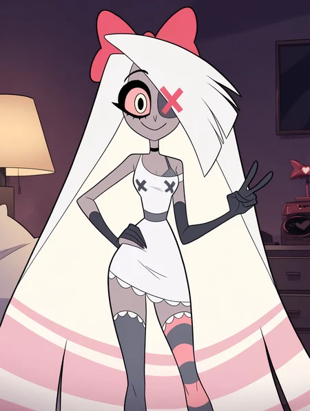 masterpiece,best quality,newest,absurdres,highres,very awa, Vaggie, 1girl, grey skin, long hair, white hair, hair bow, one X-shaped eye patch, hair over one eye, colored sclera, solo, small breasts, standing, elbow gloves, colored skin, asymmetrycal thighhighs, grey waistband, one exposed shoulder, white dress, grey bra, choker, one striped thighhigh, official style, cartoon, parody, bedroom, looking at viewer, smile, closed mouth, peace sign
