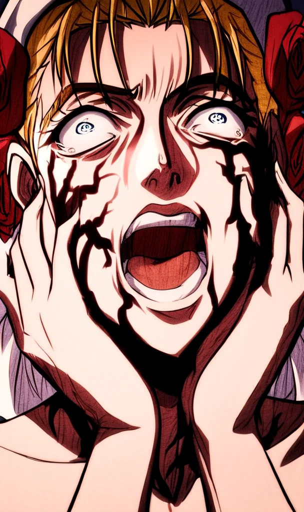 j0j0, score_8_up, score_7_up, source_manga, rating_explicit, <lora:j0j0XLP:0.5>, suz1Q, girl, blonde hair, messy hair, blue eyes, white hat with roses, crazy expression, close up, indoors, black veins over face, hands on face  <lora:Jojos_Bizarre_Adventure_Suzi_Q_-_Pony:0.9>