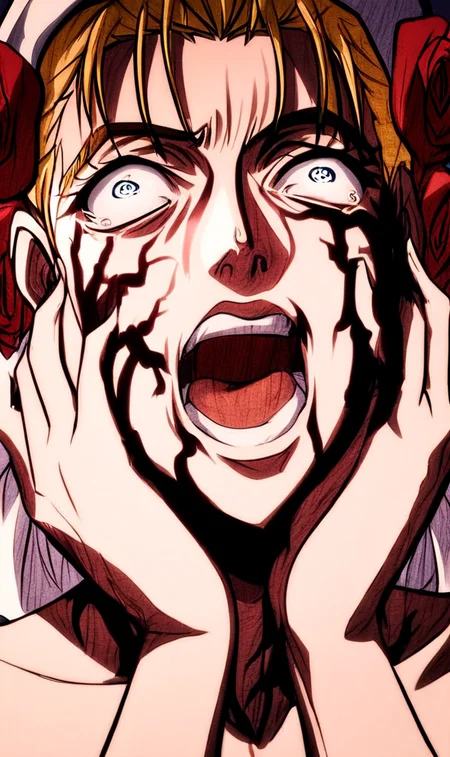 j0j0, score_8_up, score_7_up, source_manga, rating_explicit, <lora:j0j0XLP:0.5>, suz1Q, girl, blonde hair, messy hair, blue eyes, white hat with roses, crazy expression, close up, indoors, black veins over face, hands on face <lora:Jojos_Bizarre_Adventure_Suzi_Q_-_Pony:0.9>