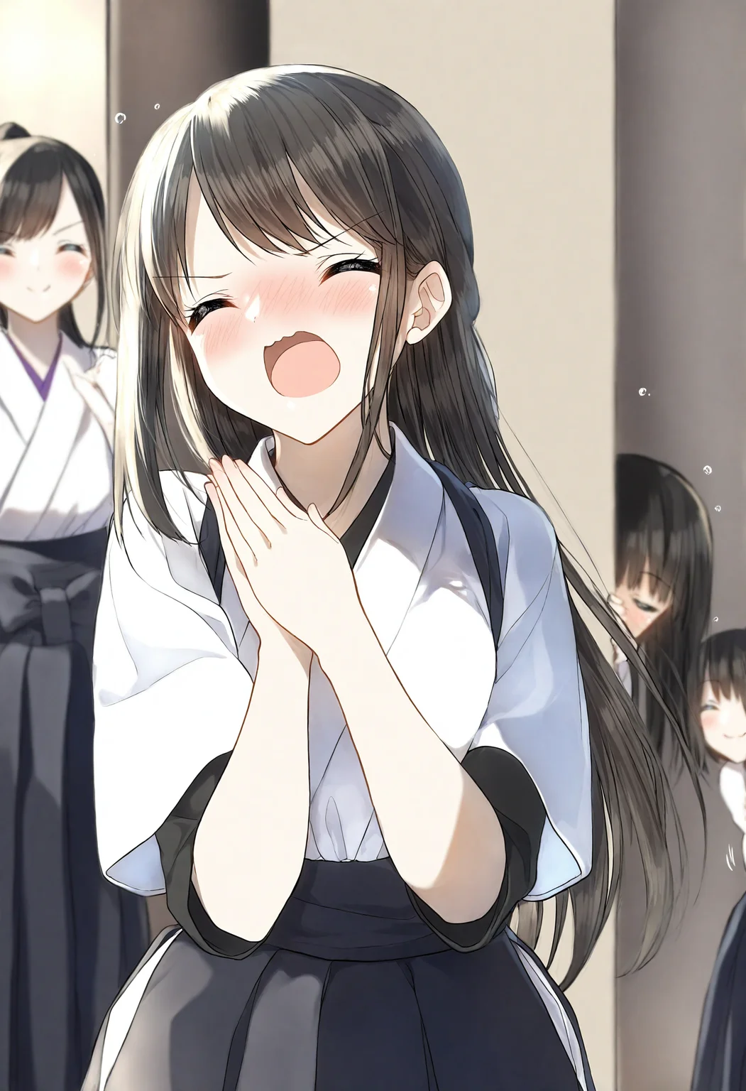 <lora:penta1_noob1.1-000139:0.9>,
3girls, short over long sleeves, peeking out, blurry background, layered sleeves, multiple girls, closed eyes, hakama, japanese clothes, blurry, blush, hakama skirt, black hair, long hair, short sleeves, white kimono, skirt, depth of field, black hakama, long sleeves, kimono, closed mouth, nose blush, facing viewer, v-shaped eyebrows, open mouth, very long hair, wavy mouth, wide sleeves, ponytail, own hands together, hands up, brown hair, smile, black skirt, ^_^, solo focus,
masterpiece,best quality,newest,absurdres,highres,very awa,