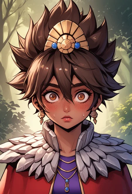 score_9, score_8_up, score_7_up, score_6_up, score_5_up, score_4_up, score_9, score_8_up, score_7_up, detailed, intricate details, chromatic aberration, veins source_anime, , (best quality) , (highly detailed) ,((masterpiece)), ((best quality)), (ultra-detailed), ((extremely detailed)), (high resolution), 4K, (8K), best quality, (beautiful), (dynamic lighting), (super detailed skin), sharp focus, (1_girl, solo focus), score_9,score_8_up,score_7_up,anime coloring, big eyes BREAK source_anime,anime, TaliyahLoLXL, dark skin, tanned skin, Dark skin female, dark skined, freckles, brown eyes, brown hair, short hair, sidelocks, hair between eyes, hair ornament, spiked hair, medium breasts, stone capelet, cape, red jacket, purple dress, solo, front view, solo focus, wide eyed, panicked, panic, mouth open, blushing, suprised, sweating, bewildered, hands up, looking at viewer, forest, tree <lora:TaliyahLoLXL:0.9>
(Upper body, portrait) , phantom_ix_row_style, masterpiece, best quality, <lora:PhantomIxRowStyle:0.9>, "Closer to artist's style"