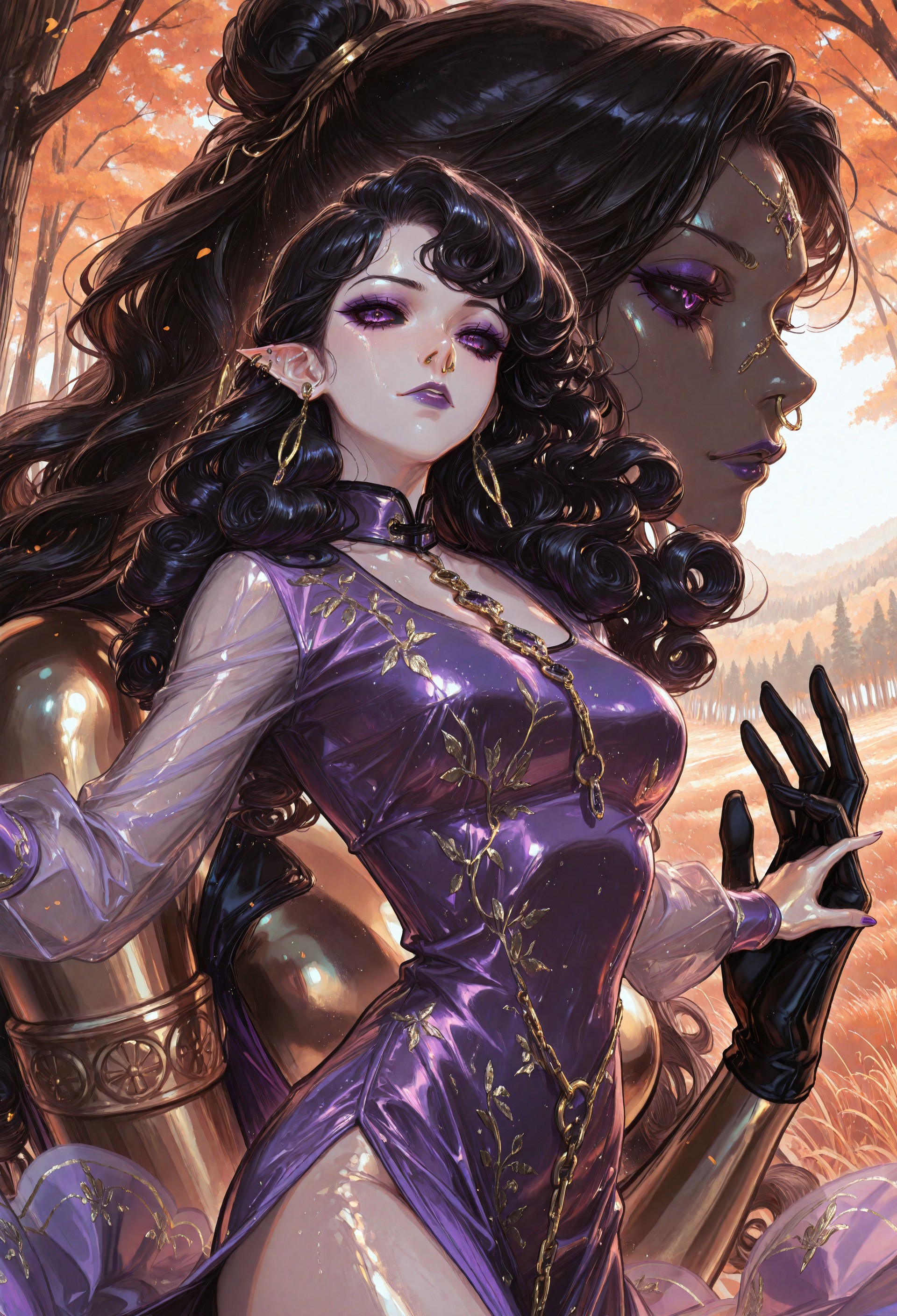 1girl, solo, dynamic pose, dynamic hands, focus on the face, looks at the viewer, piercing gaze, (pointed ears, curly hair, long hair, black hair, (bronze skin:1.2), purple eyes, black sclera, medium breasts, purple lips, mascara, purple eyeshadow, earrings, nose piercing, purple dress, dress with rhinestones, arabic dress, gold jewelry), ((great anatomy, correct anatomy, tall female, midoriL, (aged_up:1.3))), 

1rregular_b0, hyperdetailed_bg, abstract_background, su22eal_bg, full_bg, dancing, hands in dance, dynamic dance, forest background, orange forest, (detailed background), (from front, neck level, (very_close-up_view:1.6), (upperbody:1.6)),

((best quality, absurdres, amazing quality, HD, intricate, ultra-detailed, newest, visual impact, very aesthetic, high contrast)), 4K, detailed facial features, detailed clothing features, detailed texture