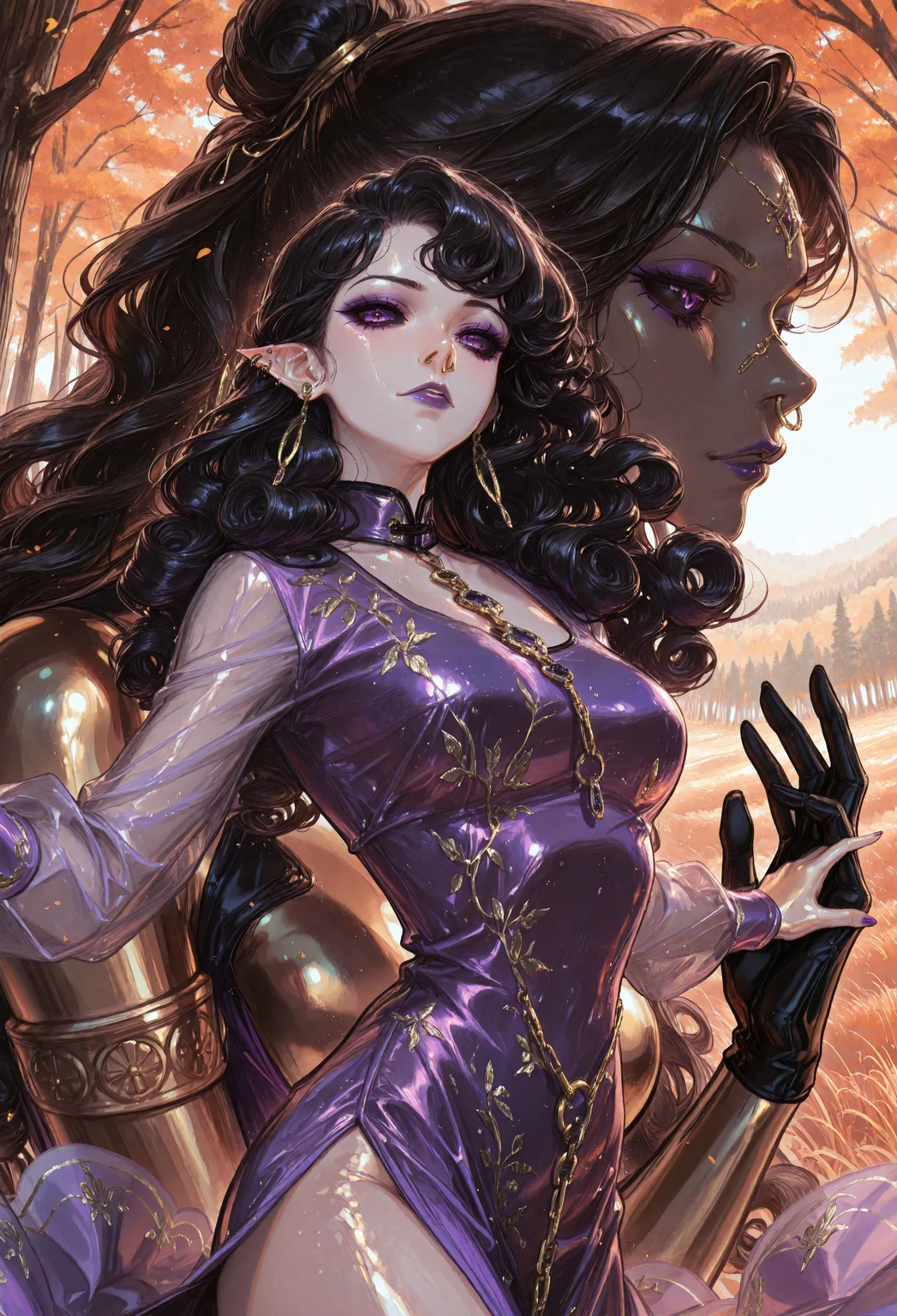 1girl, solo, dynamic pose, dynamic hands, focus on the face, looks at the viewer, piercing gaze, (pointed ears, curly hair, long hair, black hair, (bronze skin:1.2), purple eyes, black sclera, medium breasts, purple lips, mascara, purple eyeshadow, earrings, nose piercing, purple dress, dress with rhinestones, arabic dress, gold jewelry), ((great anatomy, correct anatomy, tall female, midoriL, (aged_up:1.3))),
1rregular_b0, hyperdetailed_bg, abstract_background, su22eal_bg, full_bg, dancing, hands in dance, dynamic dance, forest background, orange forest, (detailed background), (from front, neck level, (very_close-up_view:1.6), (upperbody:1.6)),
((best quality, absurdres, amazing quality, HD, intricate, ultra-detailed, newest, visual impact, very aesthetic, high contrast)), 4K, detailed facial features, detailed clothing features, detailed texture