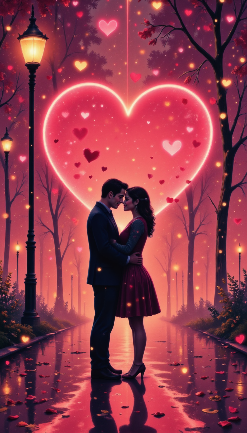 pinkvintagevalentine,
A silhouette of a couple kissing in the rain, illuminated by the warm glow of a streetlamp.
