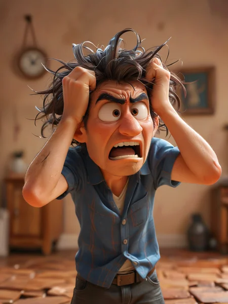 A frustrated character tearing their hair out in frustration, overwhelmed by obstacles, <lora:Cute_3D_Cartoon:0.8>