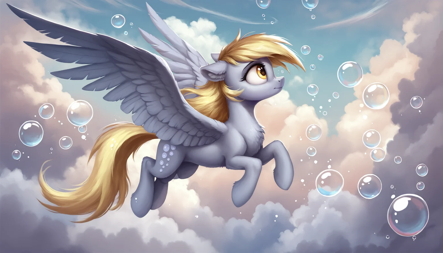 score_9, score_8_up, score_7_up, score_6_up, score_5_up, score_4_up, rating_safe, derpy hooves, female, mare, pegasus, pony, solo, bubble, chest fluff, cloud, cute, floppy ears, flying, profile, scenery, sky, wings, ear fluff, derpabetes, spread wings, g4, detailed, detailed background, beautiful, <lora:Wholesome-MLP-v1.4b:1>