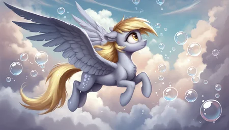 score_9, score_8_up, score_7_up, score_6_up, score_5_up, score_4_up, rating_safe, derpy hooves, female, mare, pegasus, pony, solo, bubble, chest fluff, cloud, cute, floppy ears, flying, profile, scenery, sky, wings, ear fluff, derpabetes, spread wings, g4, detailed, detailed background, beautiful, <lora:Wholesome-MLP-v1.4b:1>