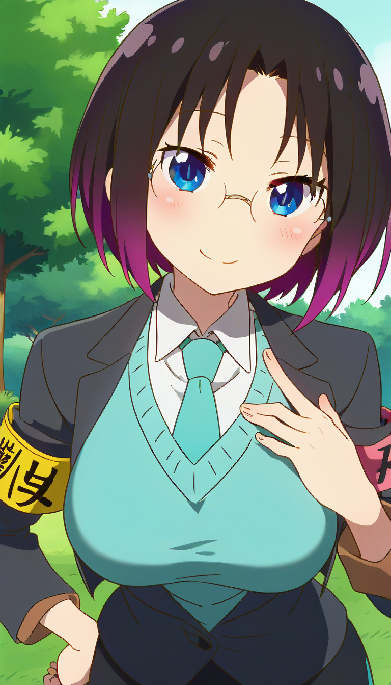 score_9,score_8_up,score_7_up,score_6_up BREAK official art,solo,outdoors,upper body,(portrait:1.5),looking at viewer,facing viewer,smile,blush,Elma,short hair,black hair,gradient hair,purple hair,parted bangs,blue eyes,glasses,black jacket,open jacket,aqua necktie,aqua sweater vest,white shirt,collared shirt,armband,long sleeves,large breasts,skindentation,black skirt,pencil skirt,skirt suit,high heels,black footwear,<lora:Elma(mkdm)-Pony:1.5>,