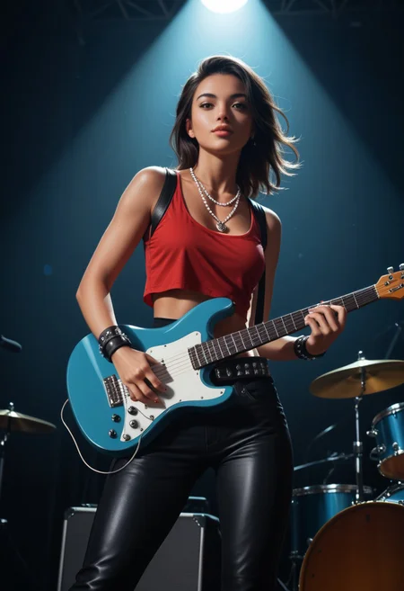 score_9, score_8_up, score_7_up, score_6_up, score_5_up, score_4_up, A young woman, likely in her late teens or early twenties, with dark hair and a medium complexion, is positioned on a stage, playing an electric guitar. She is centered in the image but slightly to the left of the frame.  She's facing the viewer, her expression focused and intense as she plays.  She is wearing a sleeveless, vibrant red top, black pants or skirt, and a studded belt.  A bandana or wristband is visible around her wrist.  She is wearing jewelry including a layered necklace with a pendant.  Her body is slender and athletic. The setting is a rock concert, with other musicians playing instruments (drums and a guitarist) in the background.  The stage is lit by bright stage lights, creating a dynamic atmosphere.  The image has a 1970s-1980s rock concert vibe, with muted tones of light red, black, white, and gray dominating the colors. The perspective is from slightly in front of and slightly above the woman, with a focus on her playing the guitar. The overall style is a snapshot of a concert performance with a clear emphasis on the musical artist.