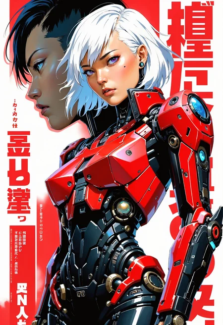 (in Otomo Katsuhiro style:1.2), masterpiece, high-quality, A cybernetic woman in sleek red and black armor, her short white hair contrasting sharply with her intense gaze, Her armor is streamlined with metallic accents and a translucent larger image of herself looms behind as if showing her inner power, (Style is Sci-fi manga with strong line art:1.1), neon reflections, minimalistic composition, (elaborate fine details:1.1), (hyperdetailed:1.1), (intricate details:1.0), (Refined details:1.1), (best quality:1.1), (high resolution:1.2), <lora:FLUX\artilands:0.6> <lora:FLUX\CPA:0.5> <lora:FLUX\sxz-Valorant-v3-Flux:0.6>