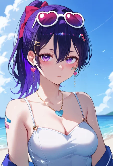 score_9,score_8_up,score_7_up, <lora:qiandaiyiyu_style_pdxl_goofy:1>1girl, heart, eyewear on head, jewelry, solo, hair ornament, necklace, purple eyes, bandaid, breasts, hair between eyes, ring, looking at viewer, cleavage, hairclip, closed mouth, ponytail, black hair,, earrings,sunglasses, upper body, purple hair, blush, bare shoulders, bow, medium breasts